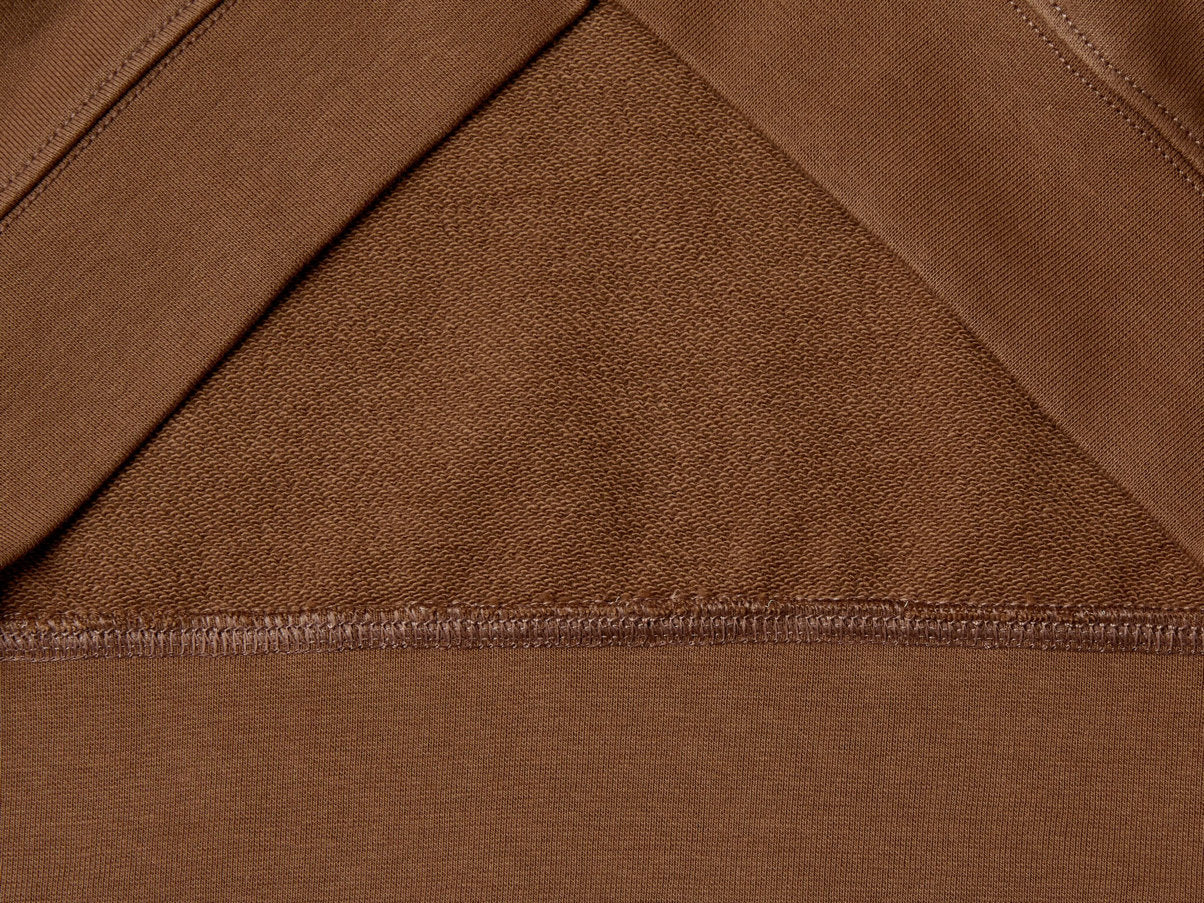 Flat lay back view of a brown crew neck sweatshirt for men.