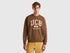 Front view of a man wearing a brown crew neck sweatshirt.