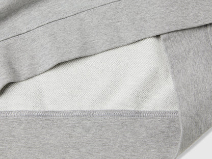 Flat lay back view of a grey crew neck sweatshirt for men.