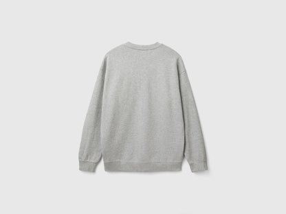 Flat lay front view of a grey crew neck sweatshirt for men.