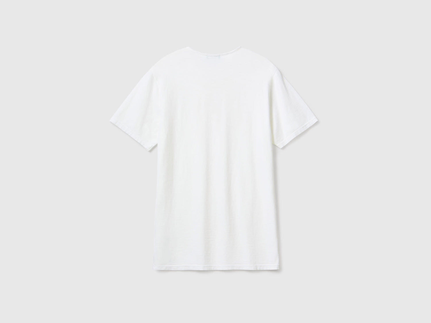 Flat lay back view of a white V-neck t-shirt for men, 100% cotton.