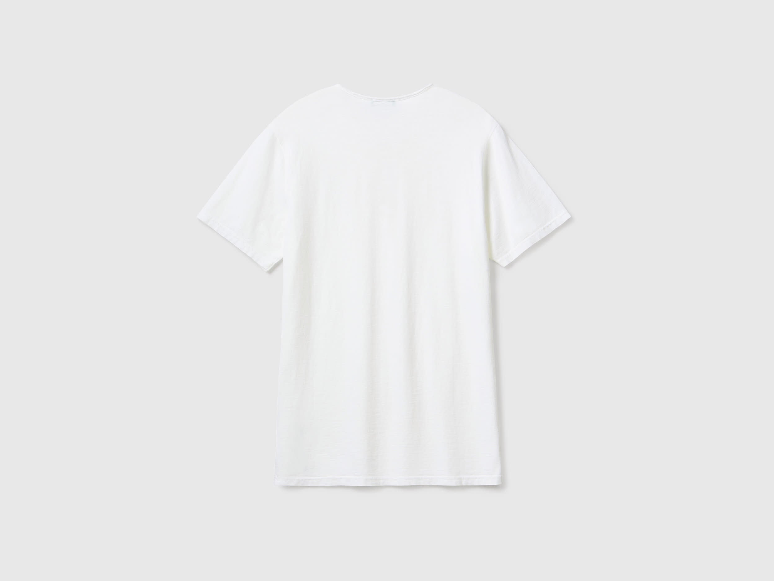 Flat lay back view of a white V-neck t-shirt for men, 100% cotton.