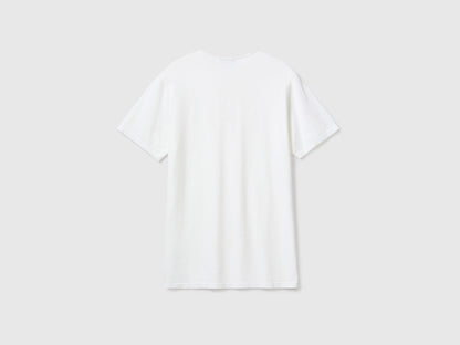 Flat lay back view of a white V-neck t-shirt for men, 100% cotton.