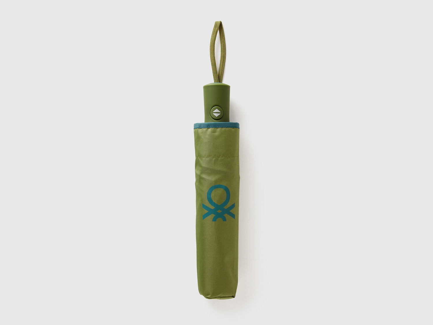 Folded military green Benetton umbrella, compact travel size.