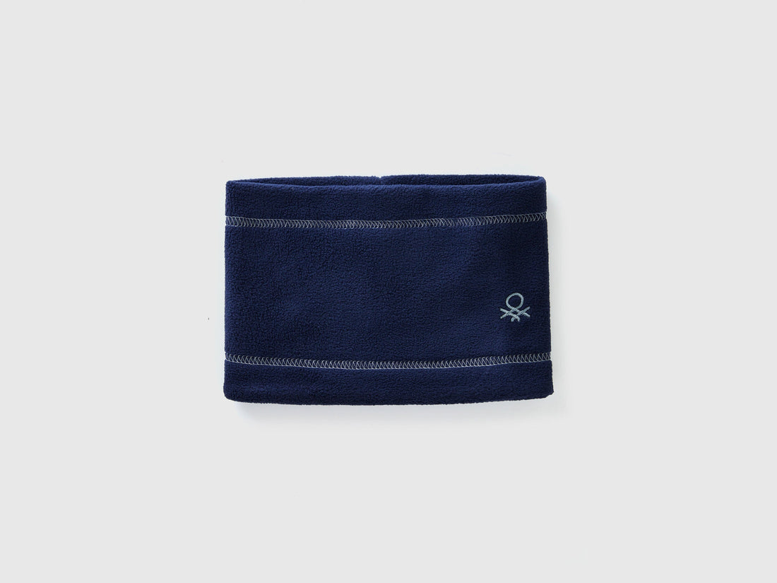 Navy blue fleece neck warmer, folded flat, soft and warm.
