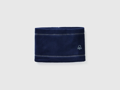 Navy blue fleece neck warmer, folded flat, soft and warm.