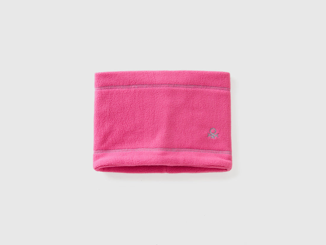 Pink fleece neck warmer, folded flat, warm and soft.