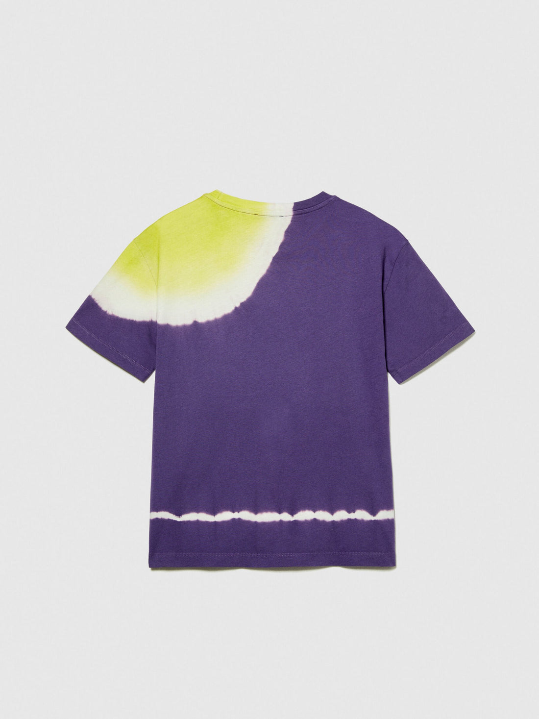 Back view of a purple and lime green tie-dye t-shirt with a subtle spiral pattern.