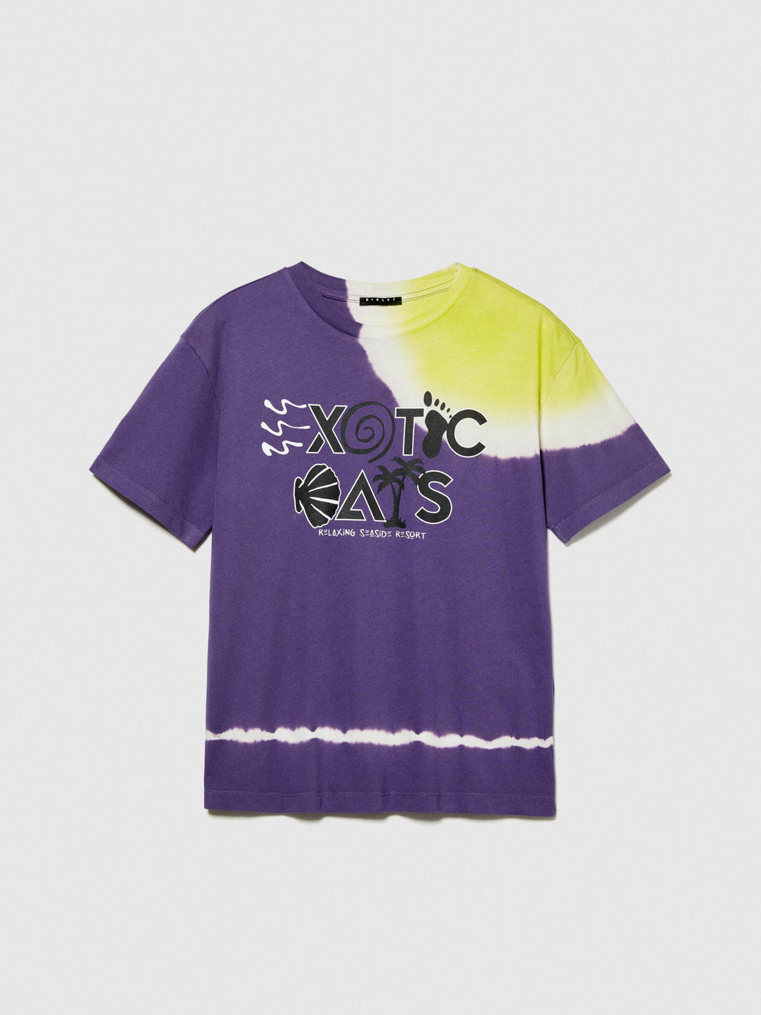 Front view of purple and lime green tie-dye t-shirt with &