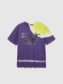 Front view of purple and lime green tie-dye t-shirt with &