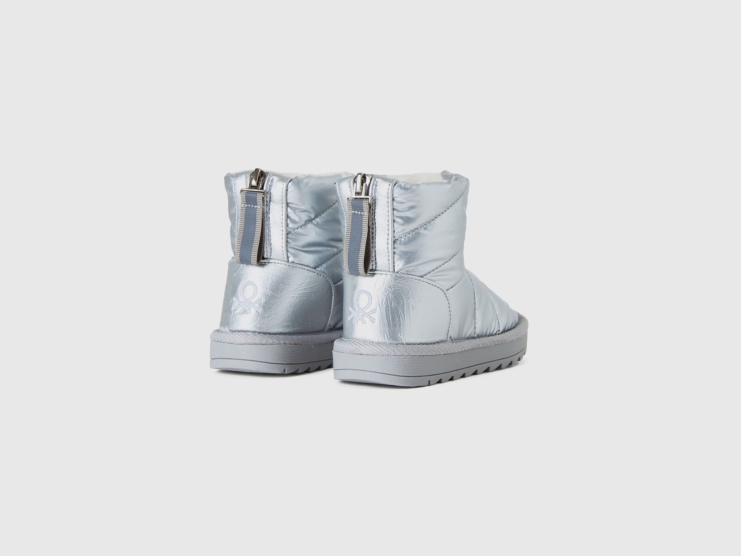 Back view of a pair of silver Nylon Ankle Boots, highlighting their robust construction and quilted details, suitable for outdoor wear in Kuwait.