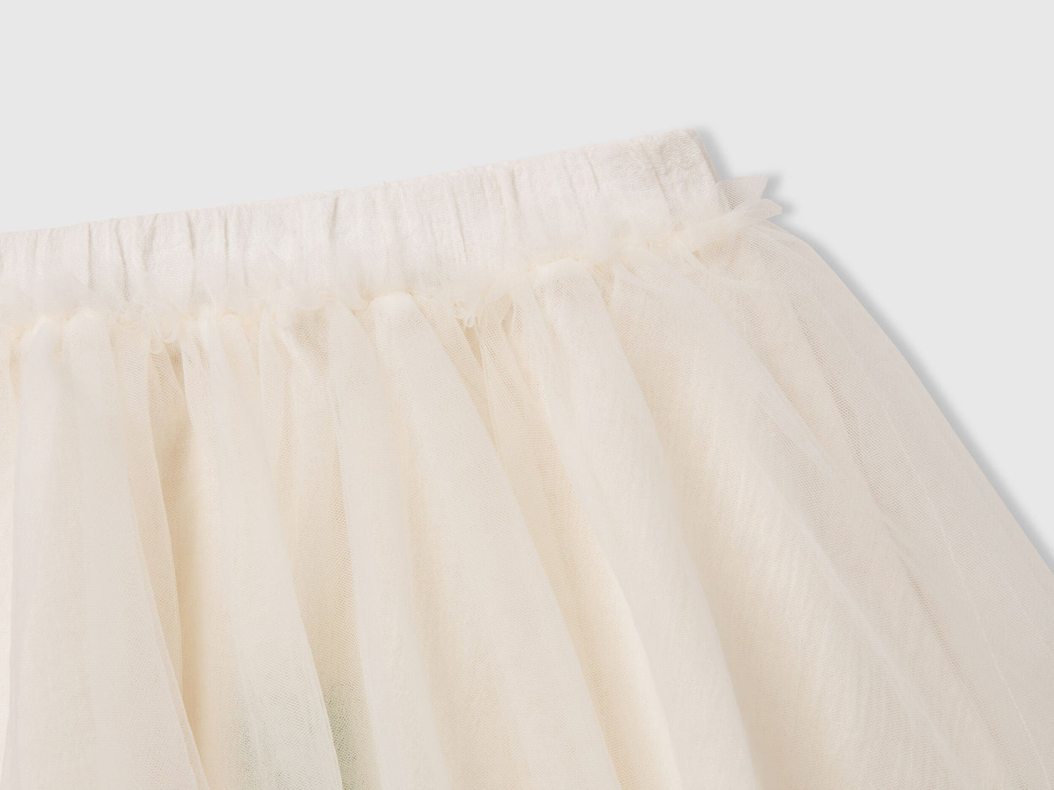 Close-up of the waistband and layered tulle fabric of a white Benetton skirt. Sheer texture.