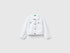Front view of a white cropped jacket in stretch cotton denim, featuring silver buttons and a classic collar.