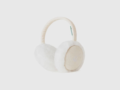 White faux fur earmuffs with corduroy detail.