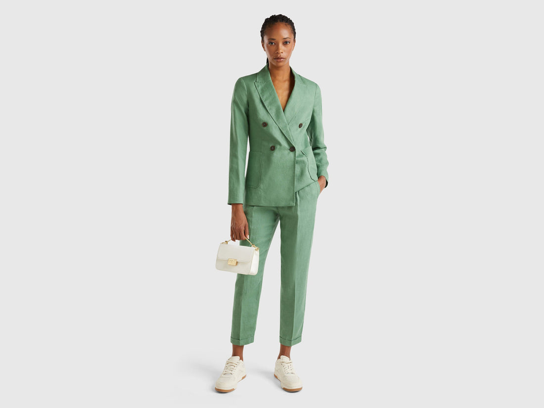 Front view of comfortable and stylish linen trousers for women.