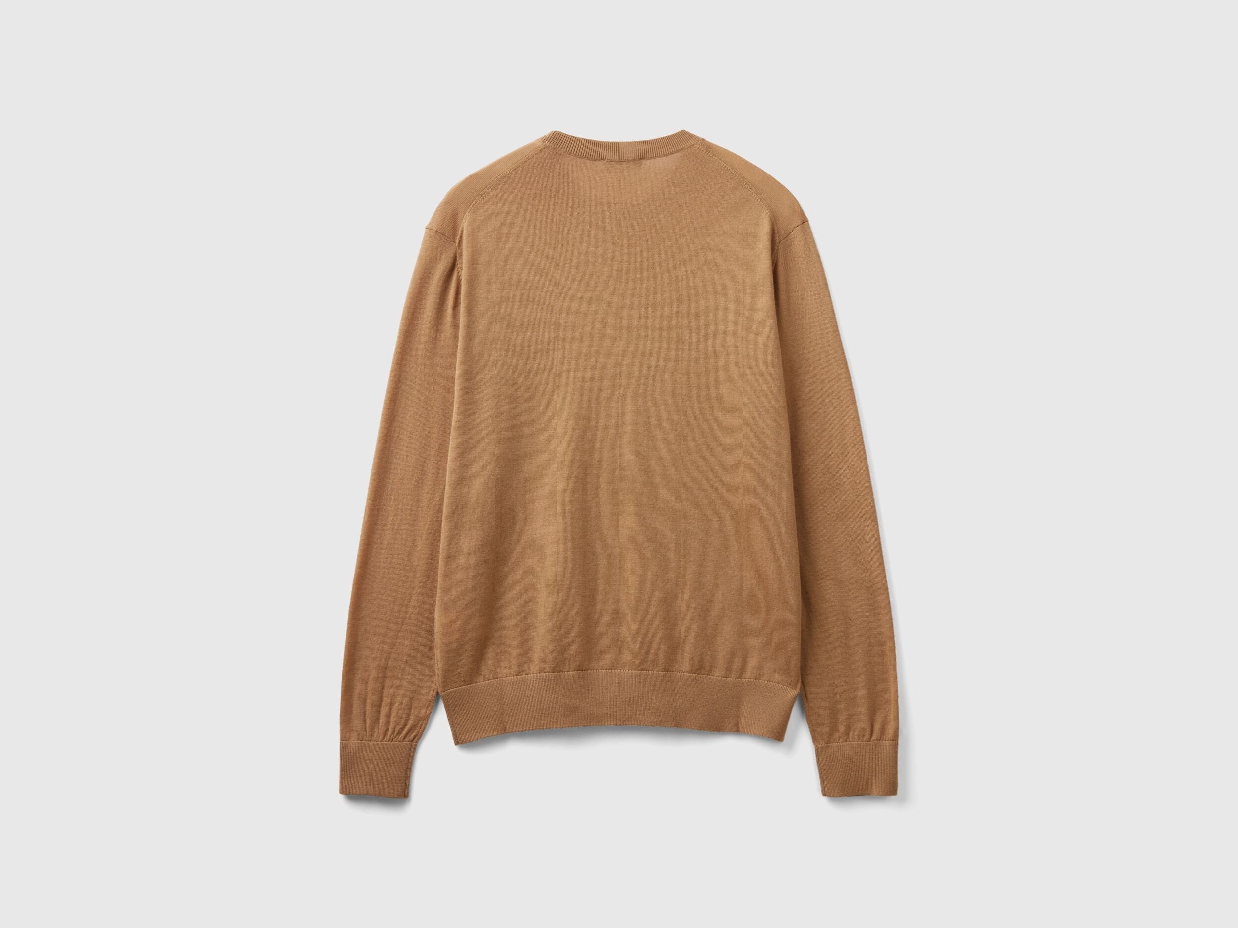 Flat lay back view of a beige sweater for men.