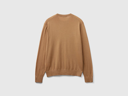 Flat lay back view of a beige sweater for men.
