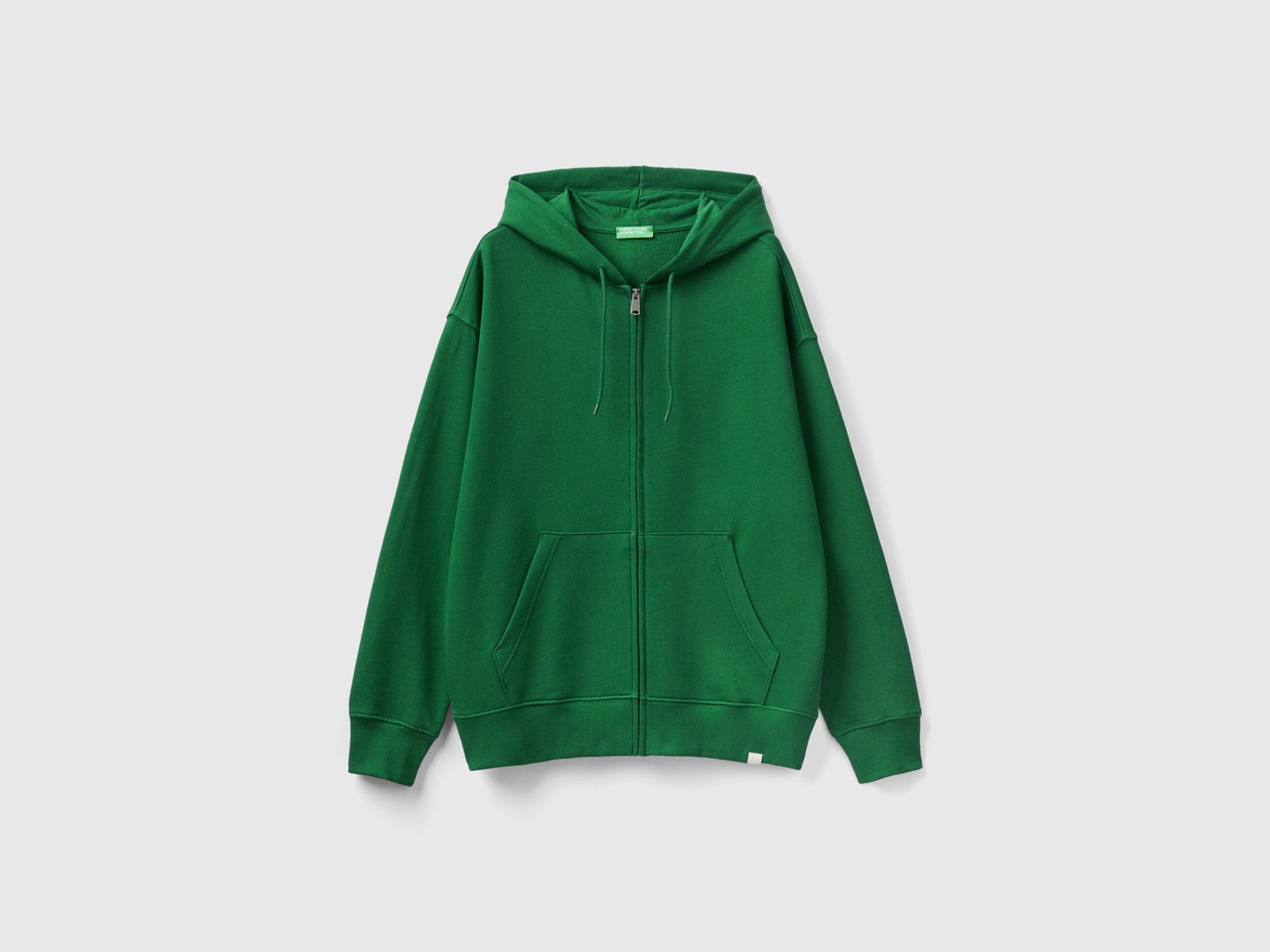 Flat lay front view of a green zip-up hoodie for men.