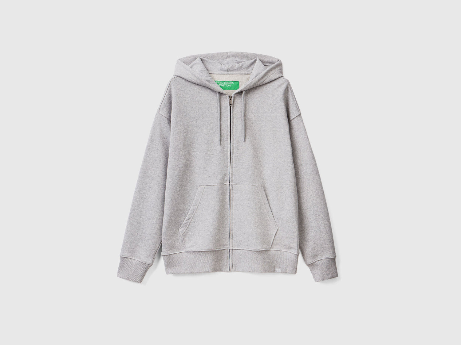 Flat lay back view of a grey cotton zip-up hoodie for men.