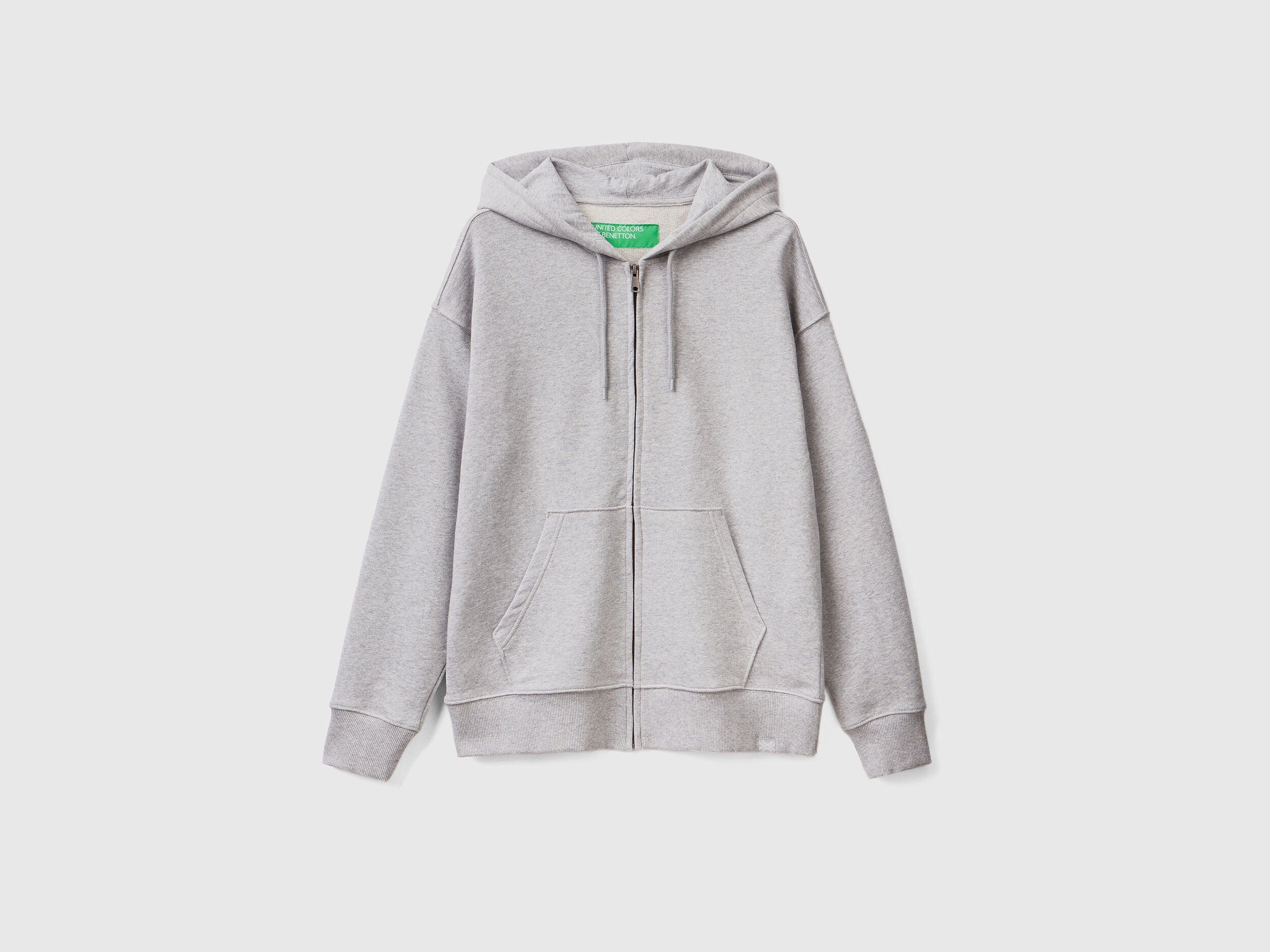 Flat lay back view of a grey cotton zip-up hoodie for men.