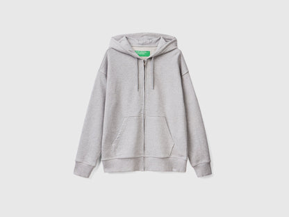 Flat lay back view of a grey cotton zip-up hoodie for men.