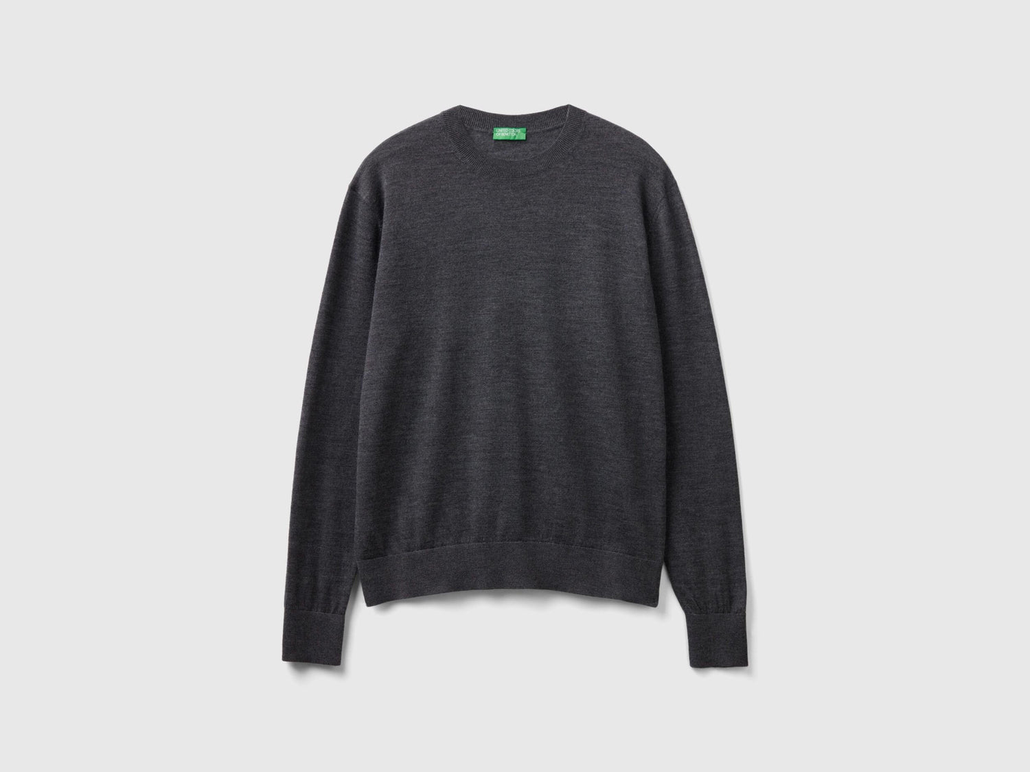 Flat lay back view of a grey merino wool sweater for men.