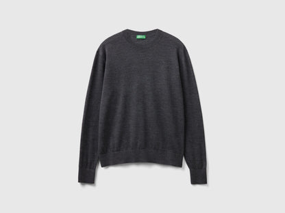 Flat lay back view of a grey merino wool sweater for men.