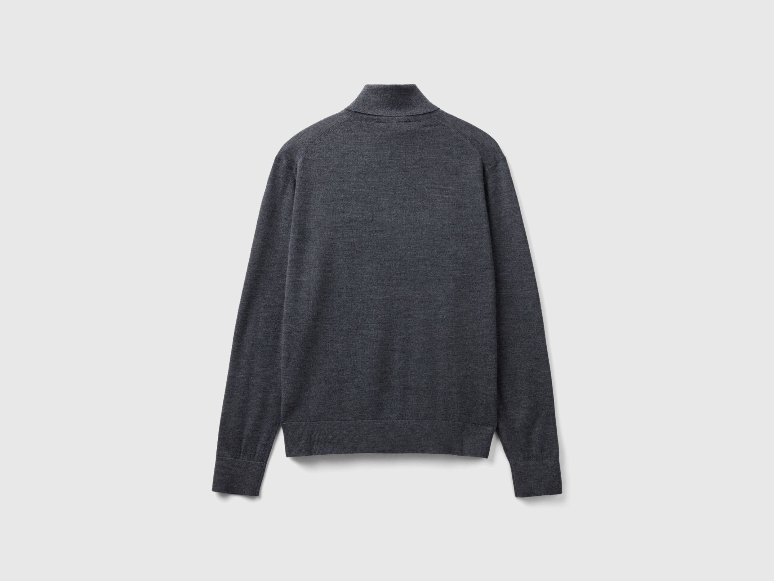 Flat lay back view of a grey turtleneck sweater for men.