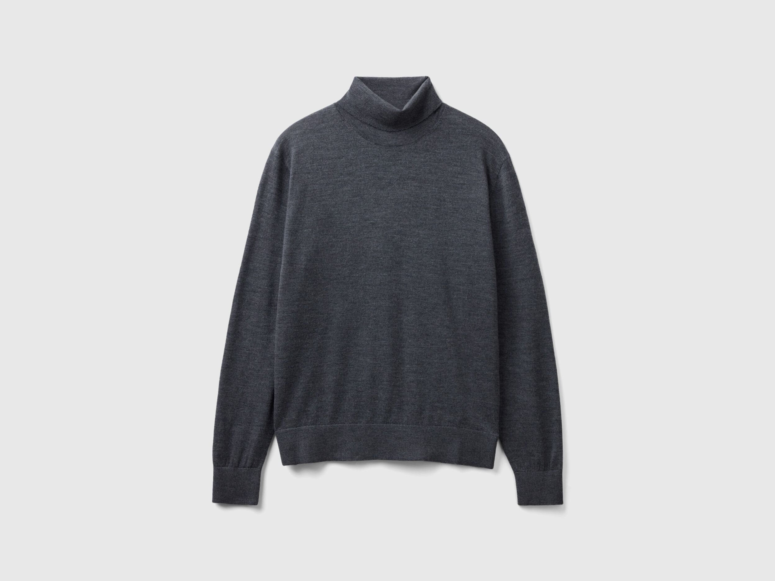 Flat lay front view of a grey turtleneck sweater for men.