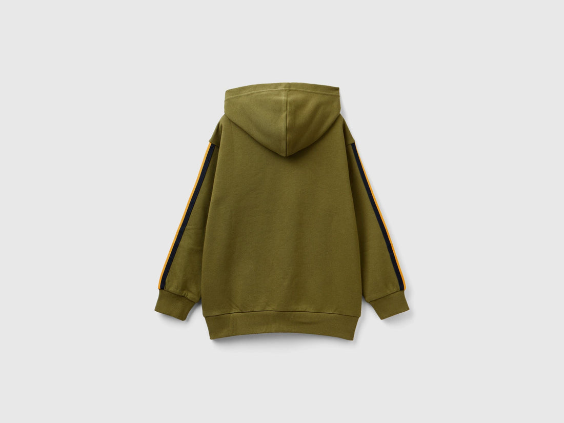 Back view of an olive green hooded sweatshirt with red and black stripe details on sleeves.